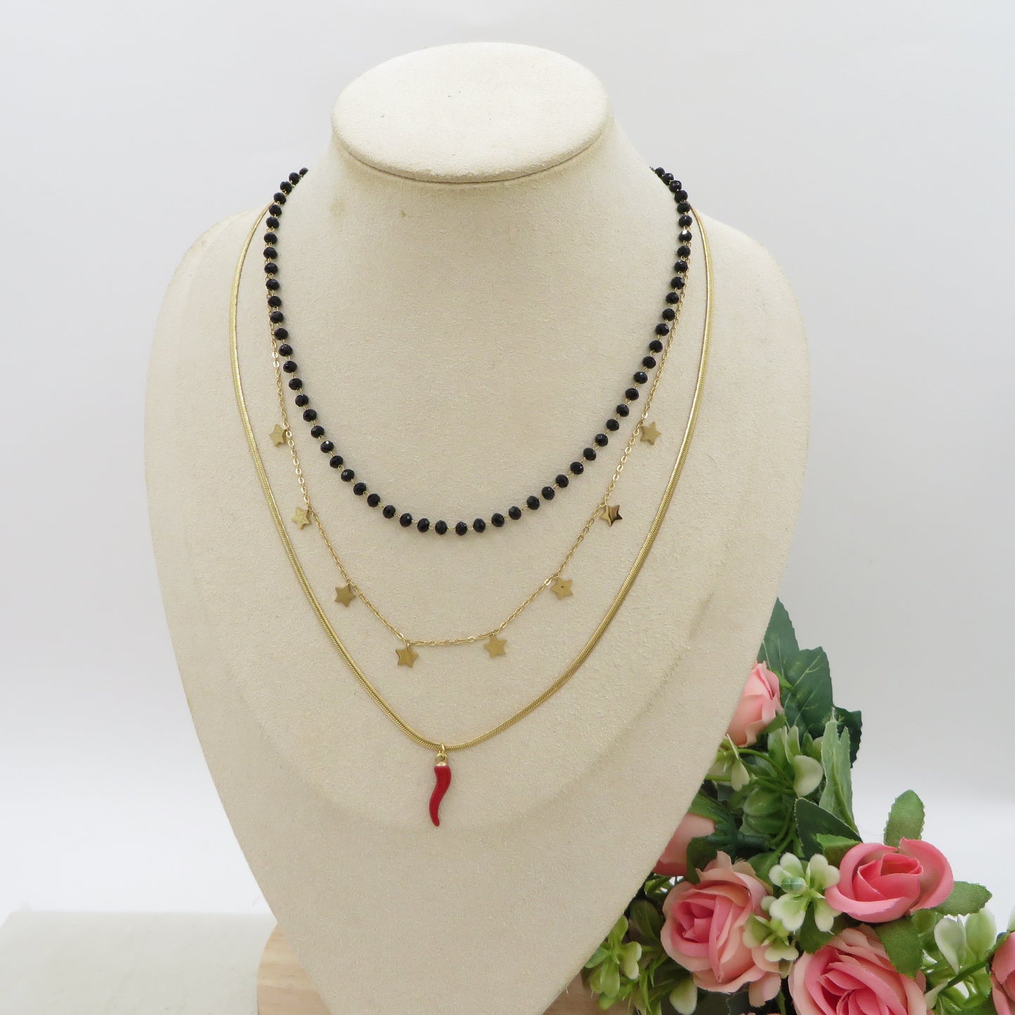 LUCKY ROSARY STARS TRIPLE - ACCIAIO INOSSIDABILE- Collana tripla con CRISTALLI