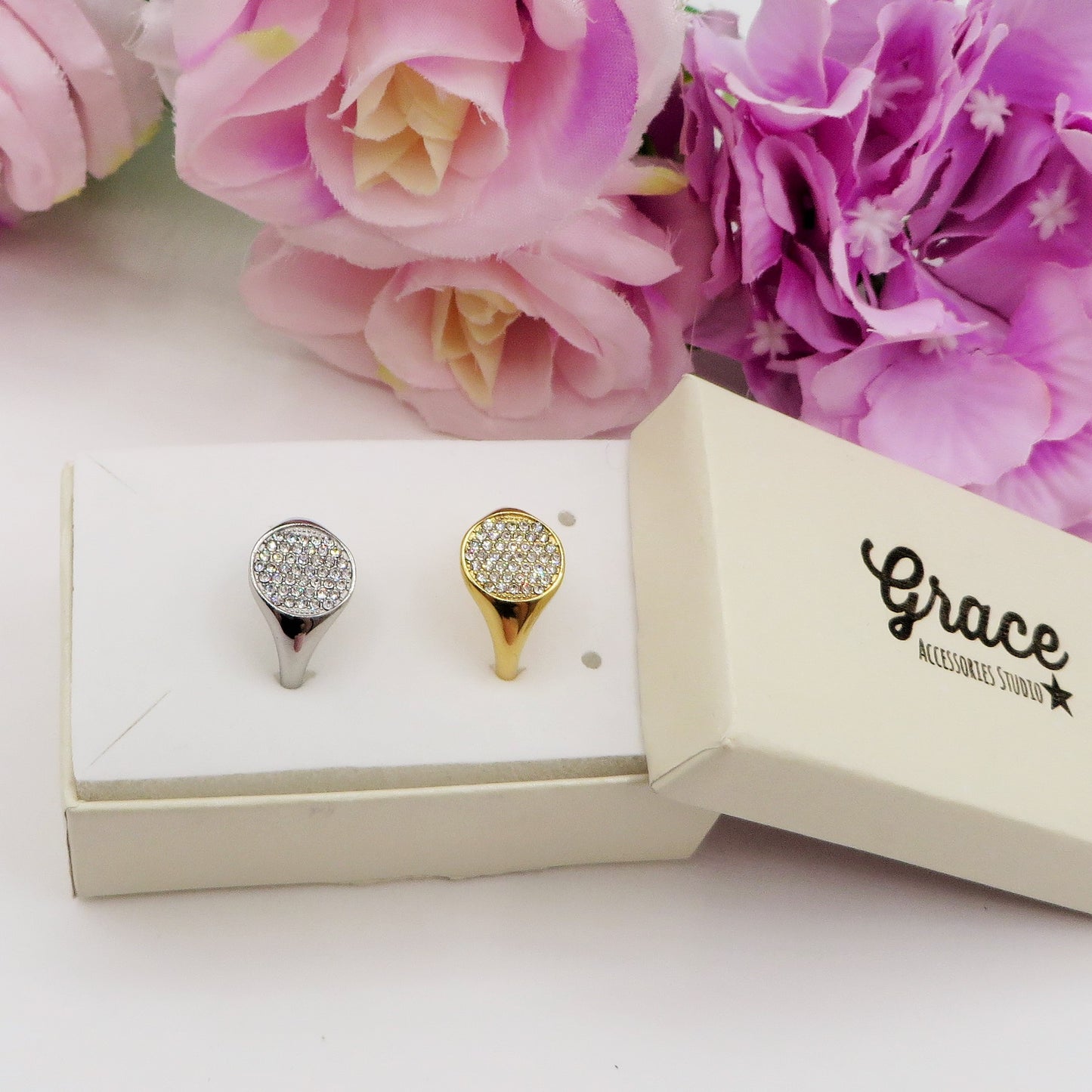 SAHARA Round~ Anello chevalier rotondo regolabile in ACCIAIO INOSSIDABILE con CUBIC ZIRCONIA