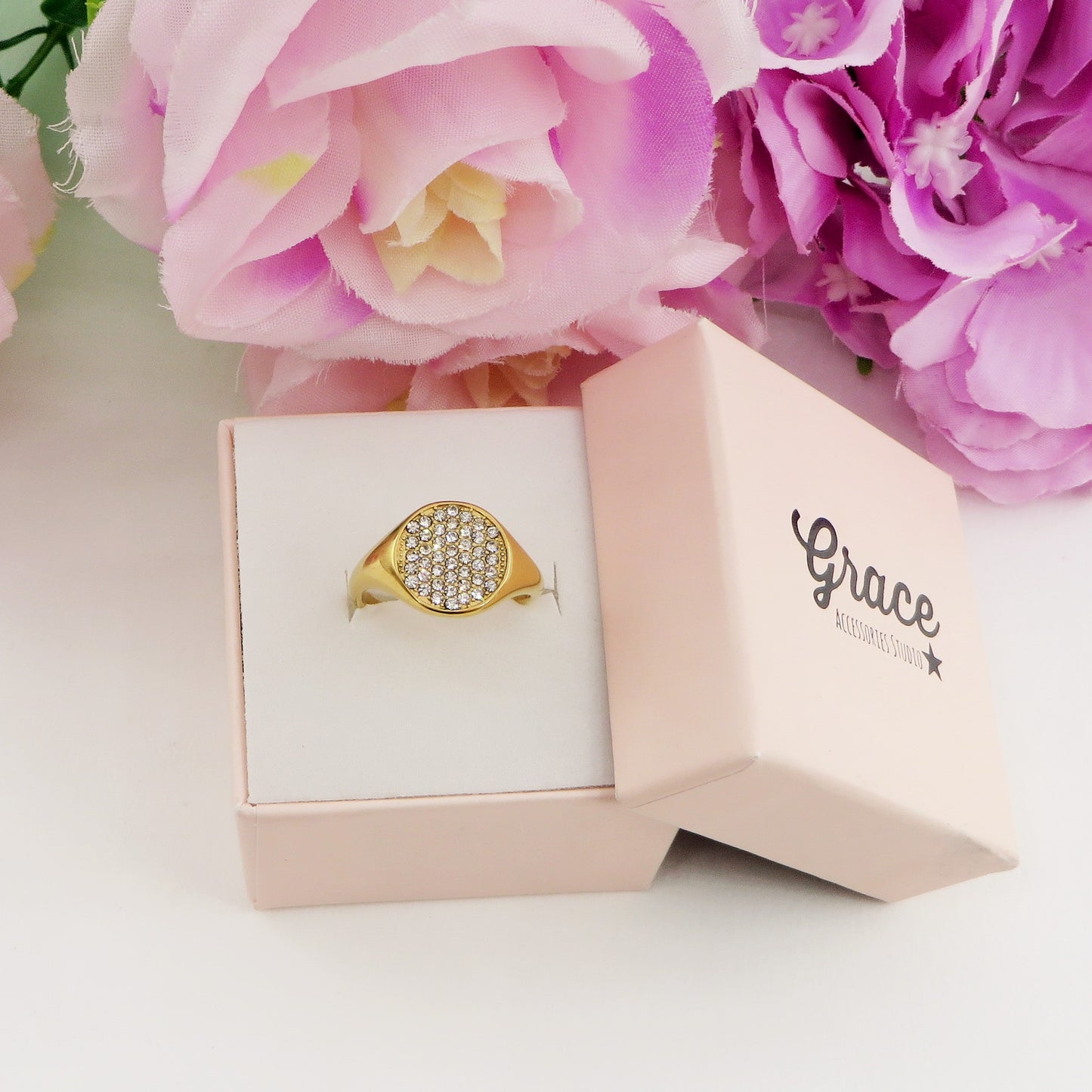 SAHARA Round~ Anello chevalier rotondo regolabile in ACCIAIO INOSSIDABILE con CUBIC ZIRCONIA