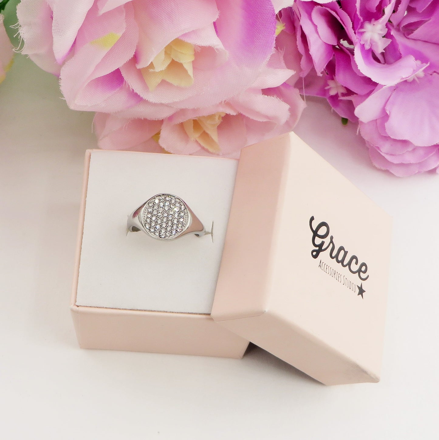 SAHARA Round~ Anello chevalier rotondo regolabile in ACCIAIO INOSSIDABILE con CUBIC ZIRCONIA
