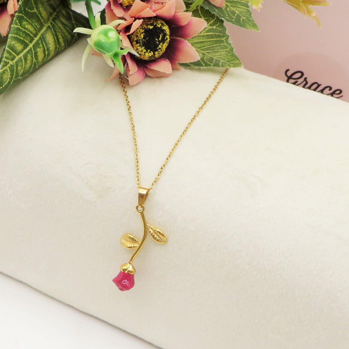 LIFE ROSE - ACCIAIO INOSSIDABILE- collana con rosa pendente