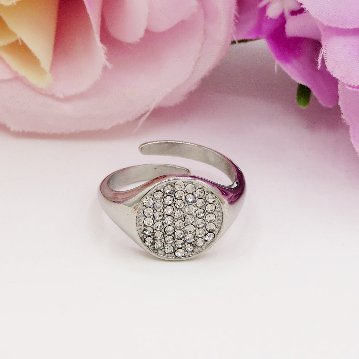 SAHARA Round~ Anello chevalier rotondo regolabile in ACCIAIO INOSSIDABILE con CUBIC ZIRCONIA