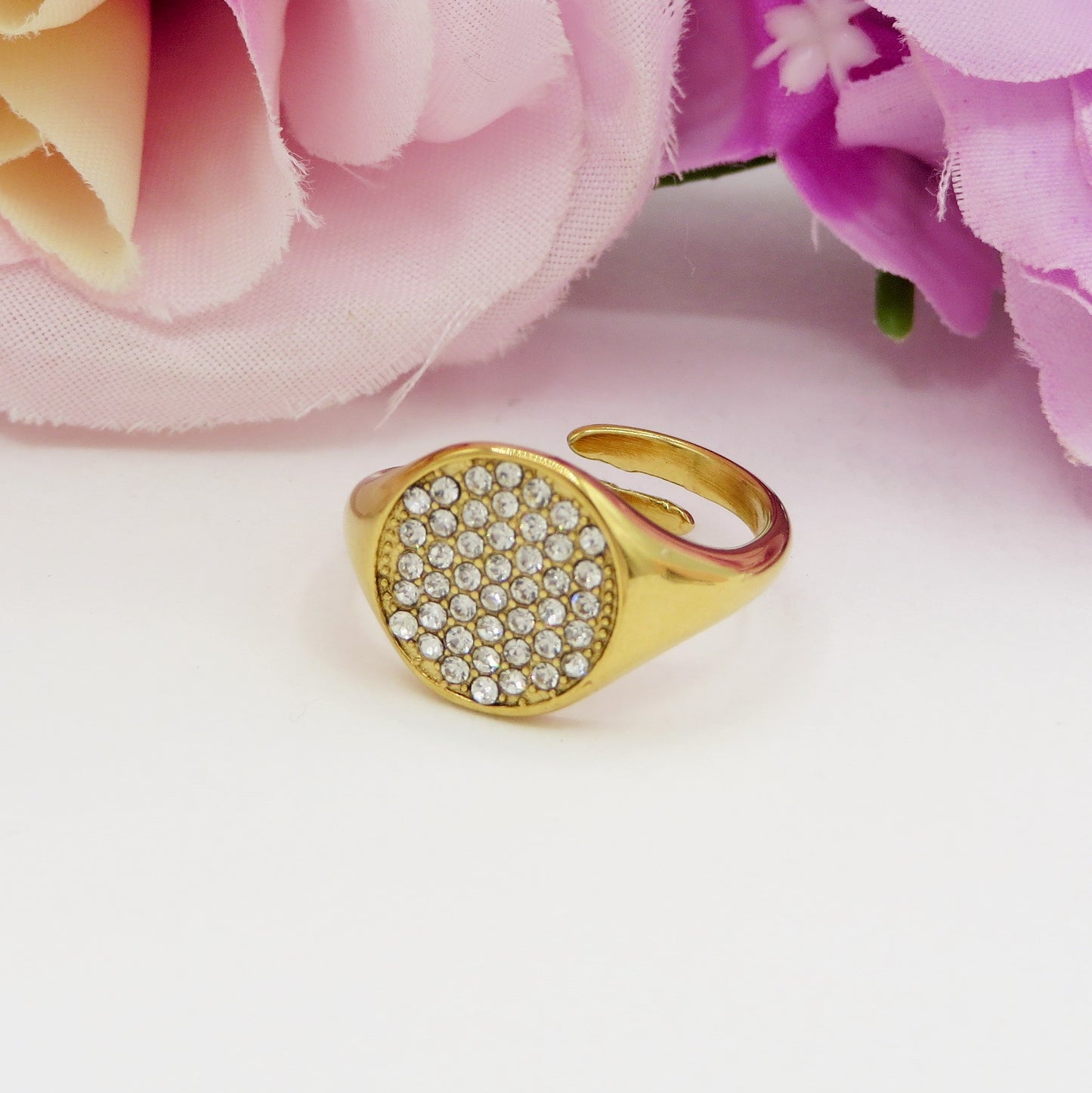 SAHARA Round~ Anello chevalier rotondo regolabile in ACCIAIO INOSSIDABILE con CUBIC ZIRCONIA