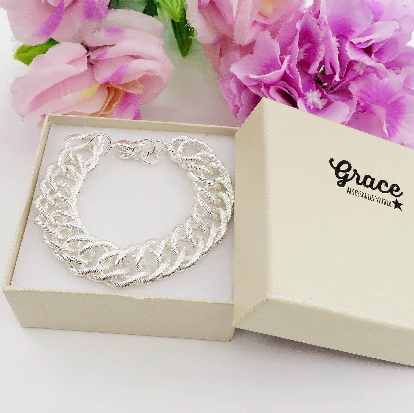 CHAIN Flat bagnato ARGENTO ~ Bracciale unisex in catena ACCIAIO INOSSIDABILE