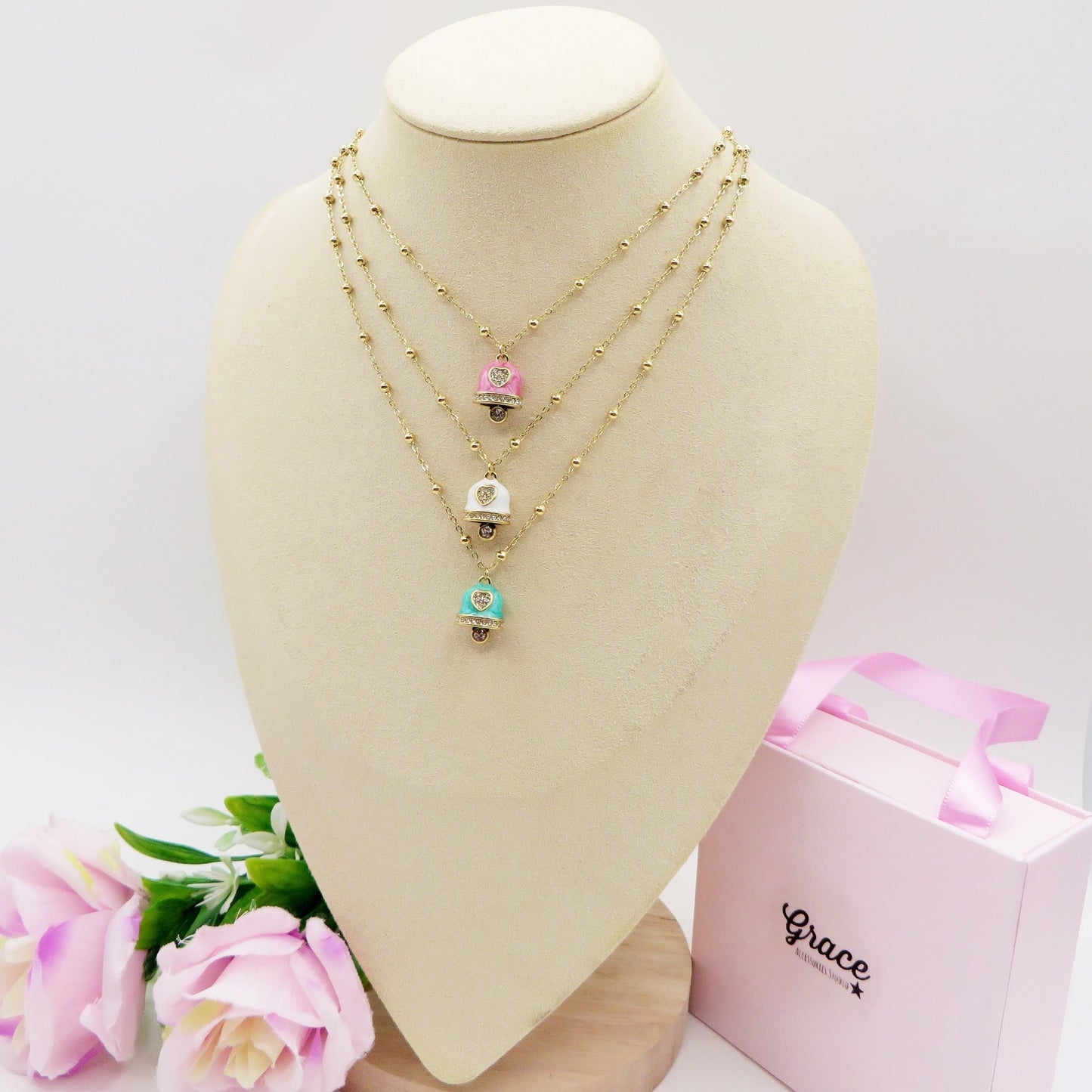 TINKERBELL RAINBOW - ACCIAIO INOSSIDABILE- Collana con pendente campanella smaltata + Catenina rosario