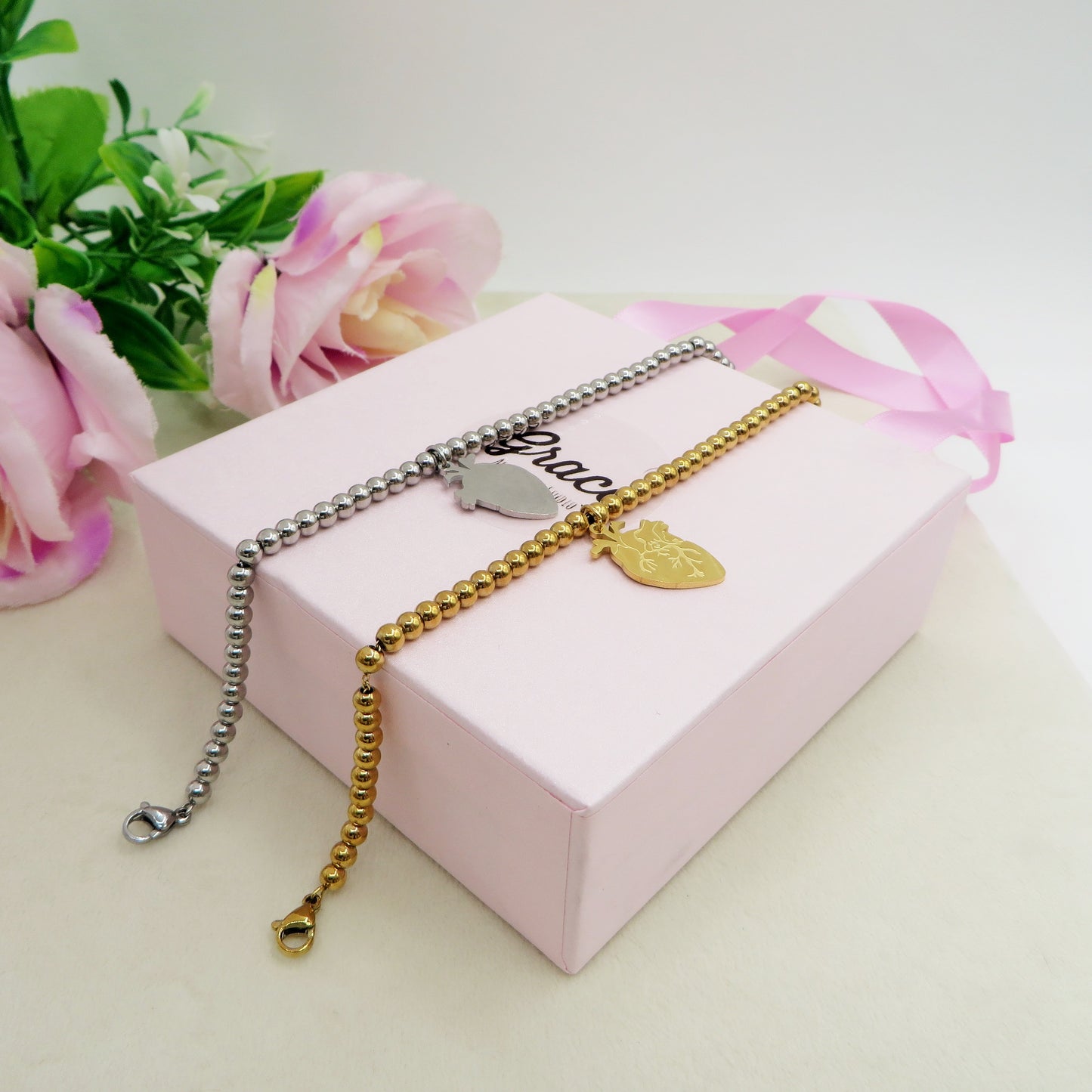 HUMAN HEART charm BRACCIALE Pallini ~ ACCIAIO inossidabile - Bracciale cuore anatomico con ciondoli