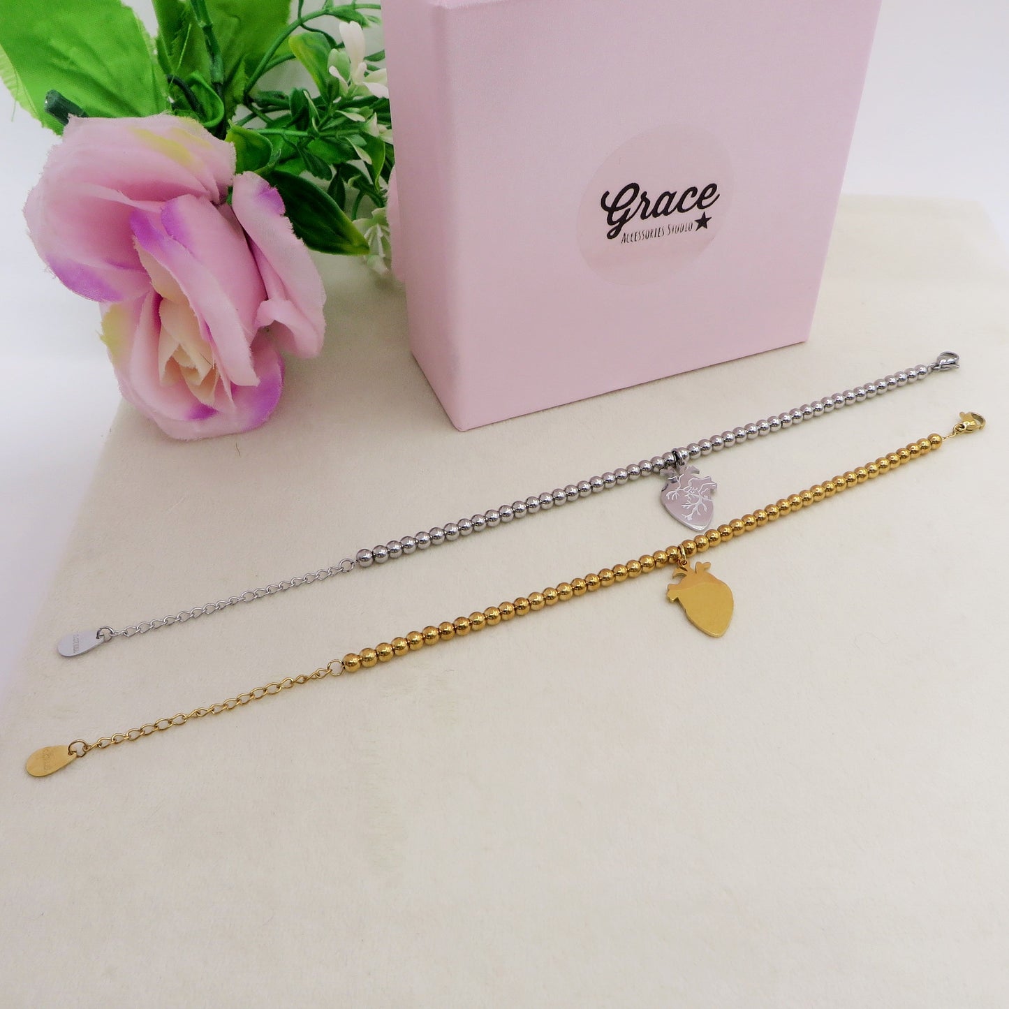 HUMAN HEART charm BRACCIALE Pallini ~ ACCIAIO inossidabile - Bracciale cuore anatomico con ciondoli