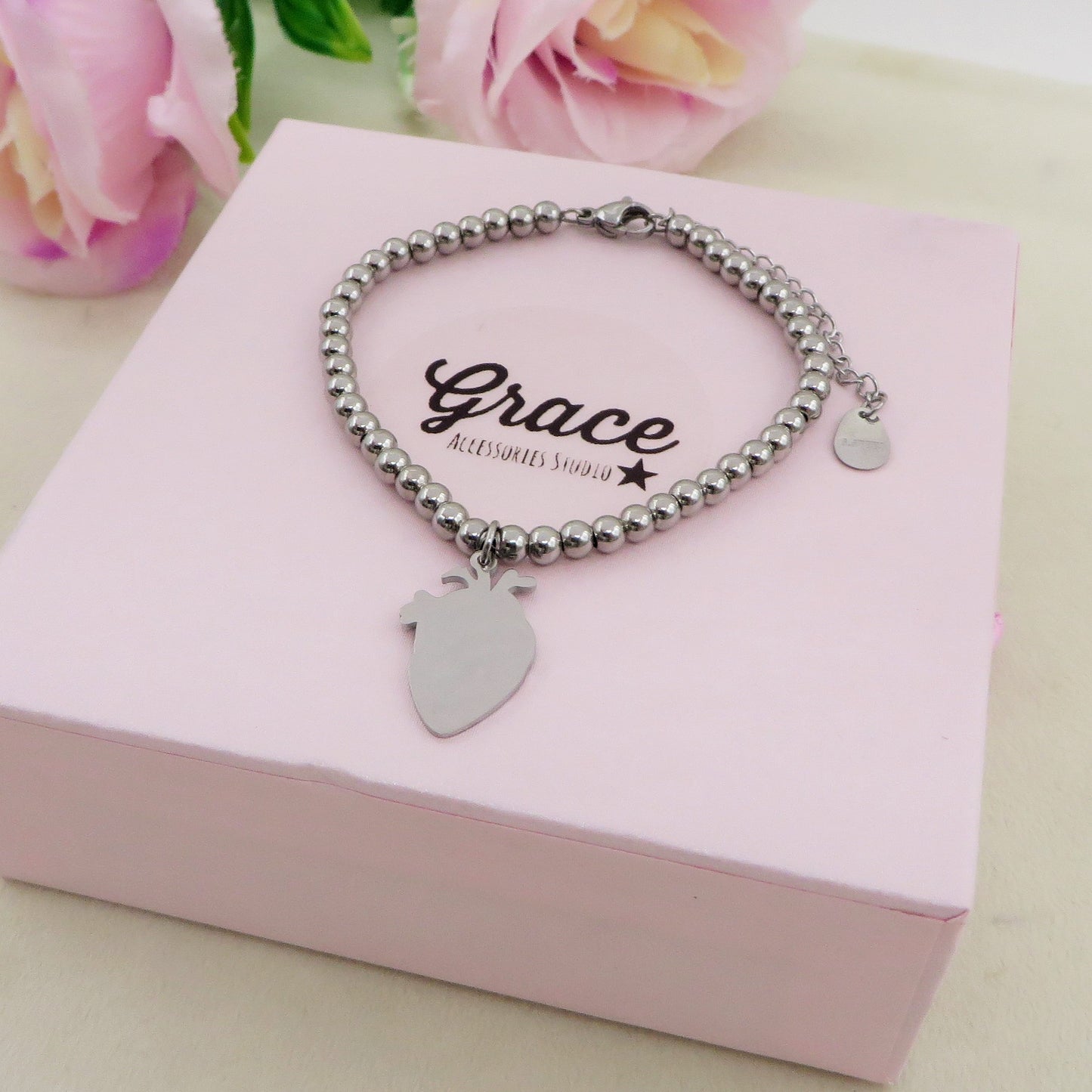 HUMAN HEART charm BRACCIALE Pallini ~ ACCIAIO inossidabile - Bracciale cuore anatomico con ciondoli