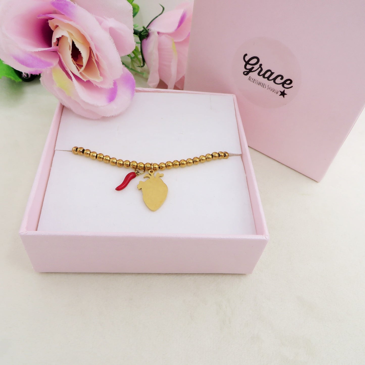 HUMAN HEART charm BRACCIALE Pallini ~ ACCIAIO inossidabile - Bracciale cuore anatomico con ciondoli