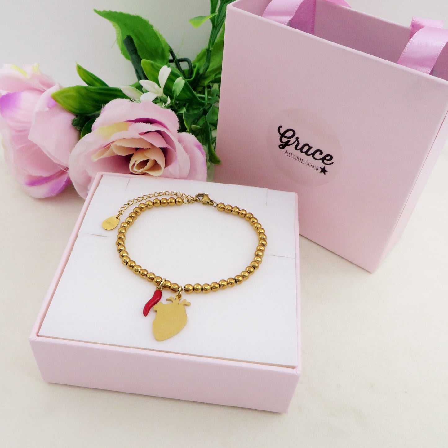 HUMAN HEART charm BRACCIALE Pallini ~ ACCIAIO inossidabile - Bracciale cuore anatomico con ciondoli