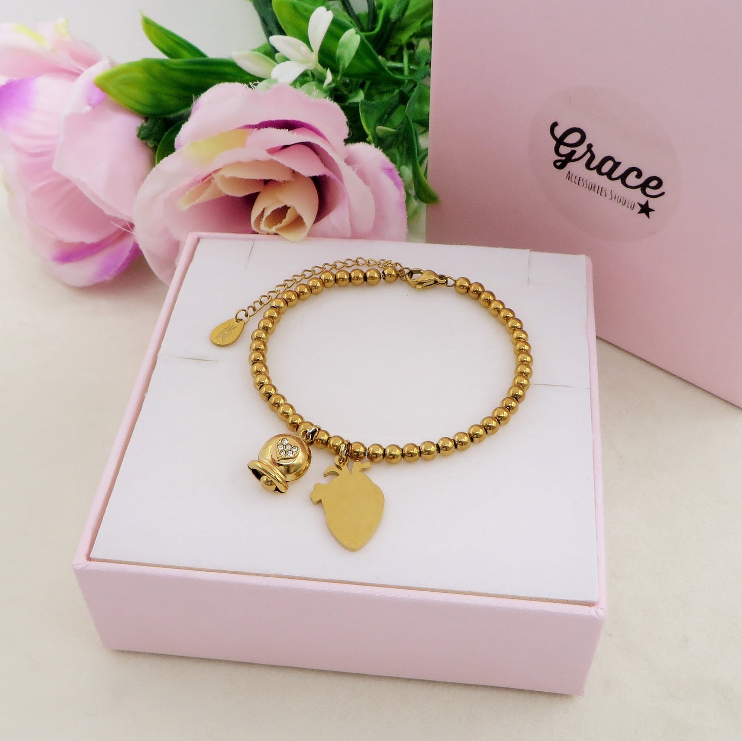 HUMAN HEART charm BRACCIALE Pallini ~ ACCIAIO inossidabile - Bracciale cuore anatomico con ciondoli