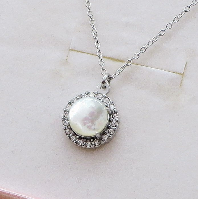 ELARA ~ ARGENTO 925 ~ Collana con solitario in madreperla naturale opale + cubic zirconia AAA