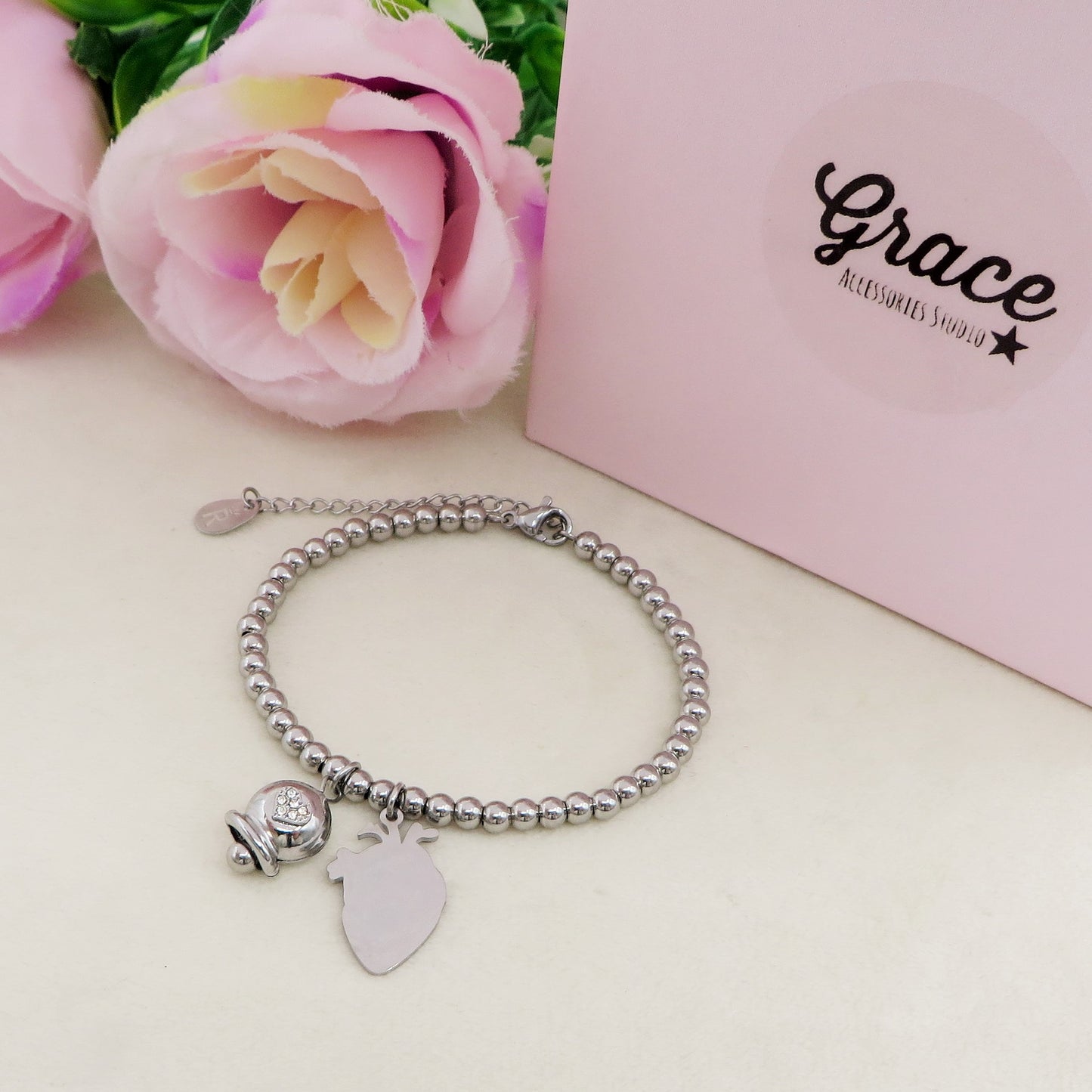 HUMAN HEART charm BRACCIALE Pallini ~ ACCIAIO inossidabile - Bracciale cuore anatomico con ciondoli