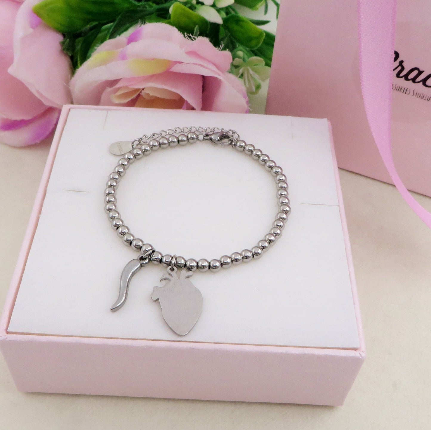 HUMAN HEART charm BRACCIALE Pallini ~ ACCIAIO inossidabile - Bracciale cuore anatomico con ciondoli