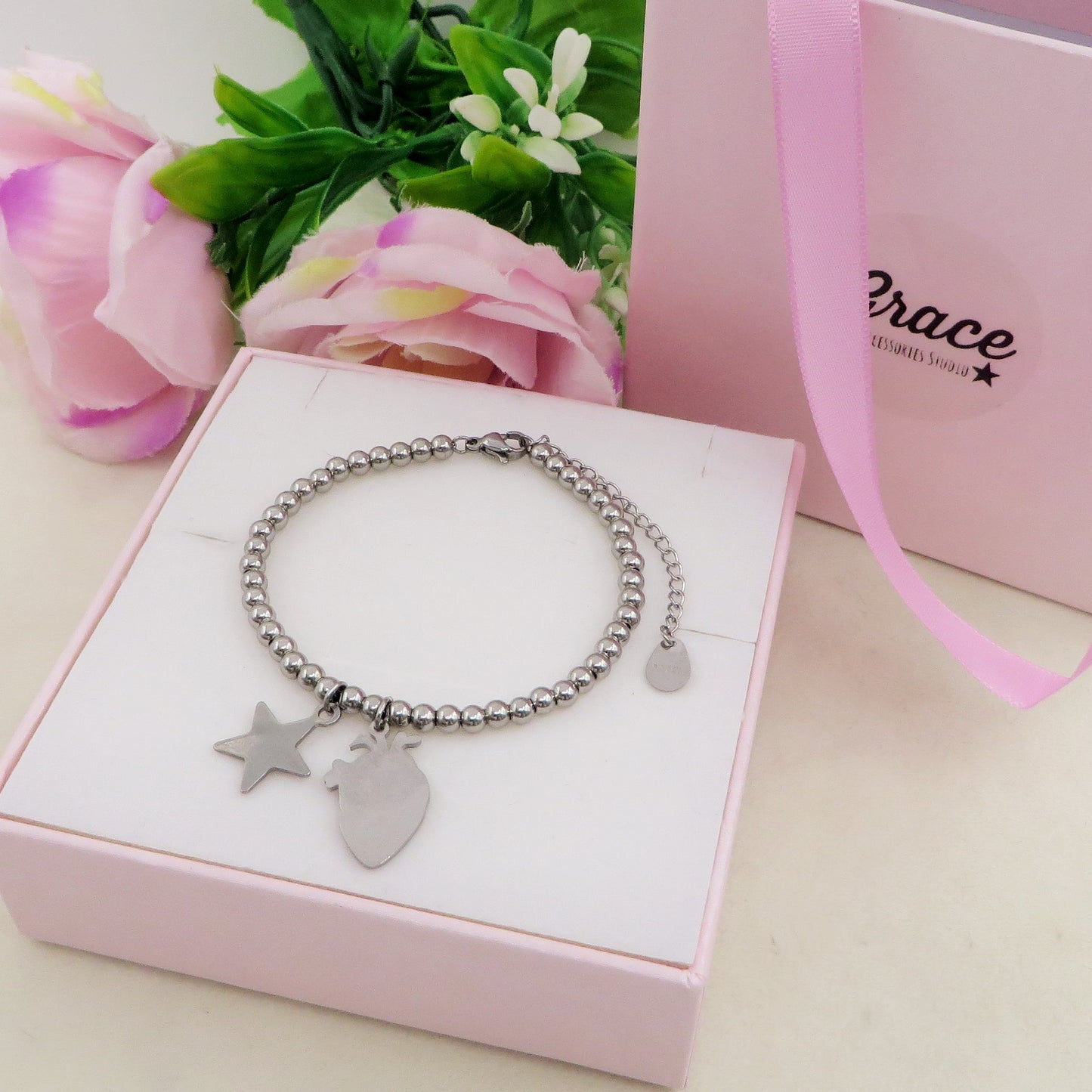 HUMAN HEART charm BRACCIALE Pallini ~ ACCIAIO inossidabile - Bracciale cuore anatomico con ciondoli