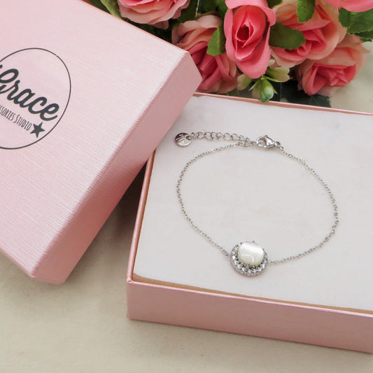 ELARA ~ ARGENTO 925 ~ Bracciale con solitario in madreperla naturale opale + cubic zirconia AAA