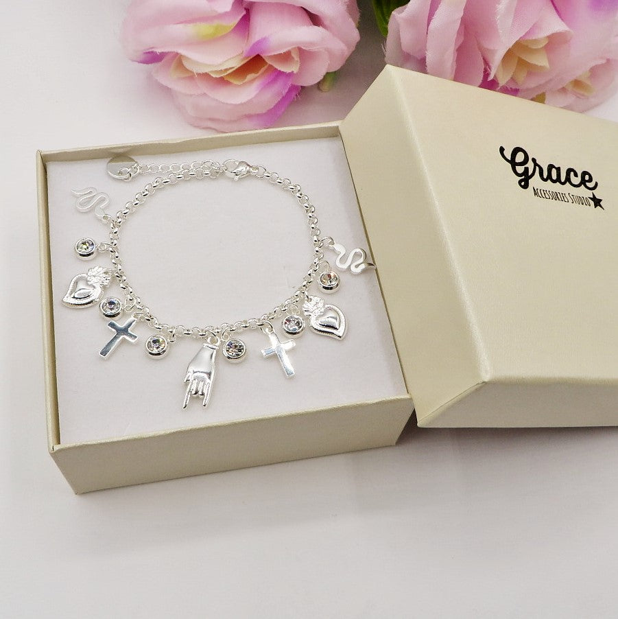 MEGA LUCKY bagnato ARGENTO ~ Bracciale in ACCIAIO INOSSIDABILE con charms scaramantici