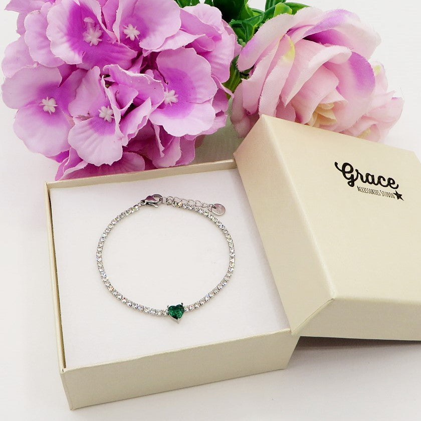 AURORA slim ~ ACCIAIO INOSSIDABILE - Bracciale tennis in cubic zirconia con cuore centrale