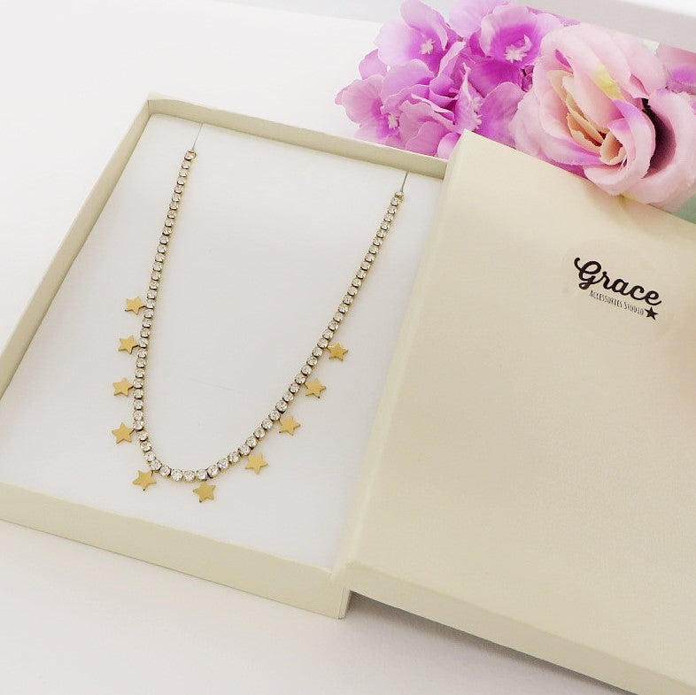 ASTRA ~ ACCIAIO INOSSIDABILE -Collana tennis in cubic zirconia con stelline