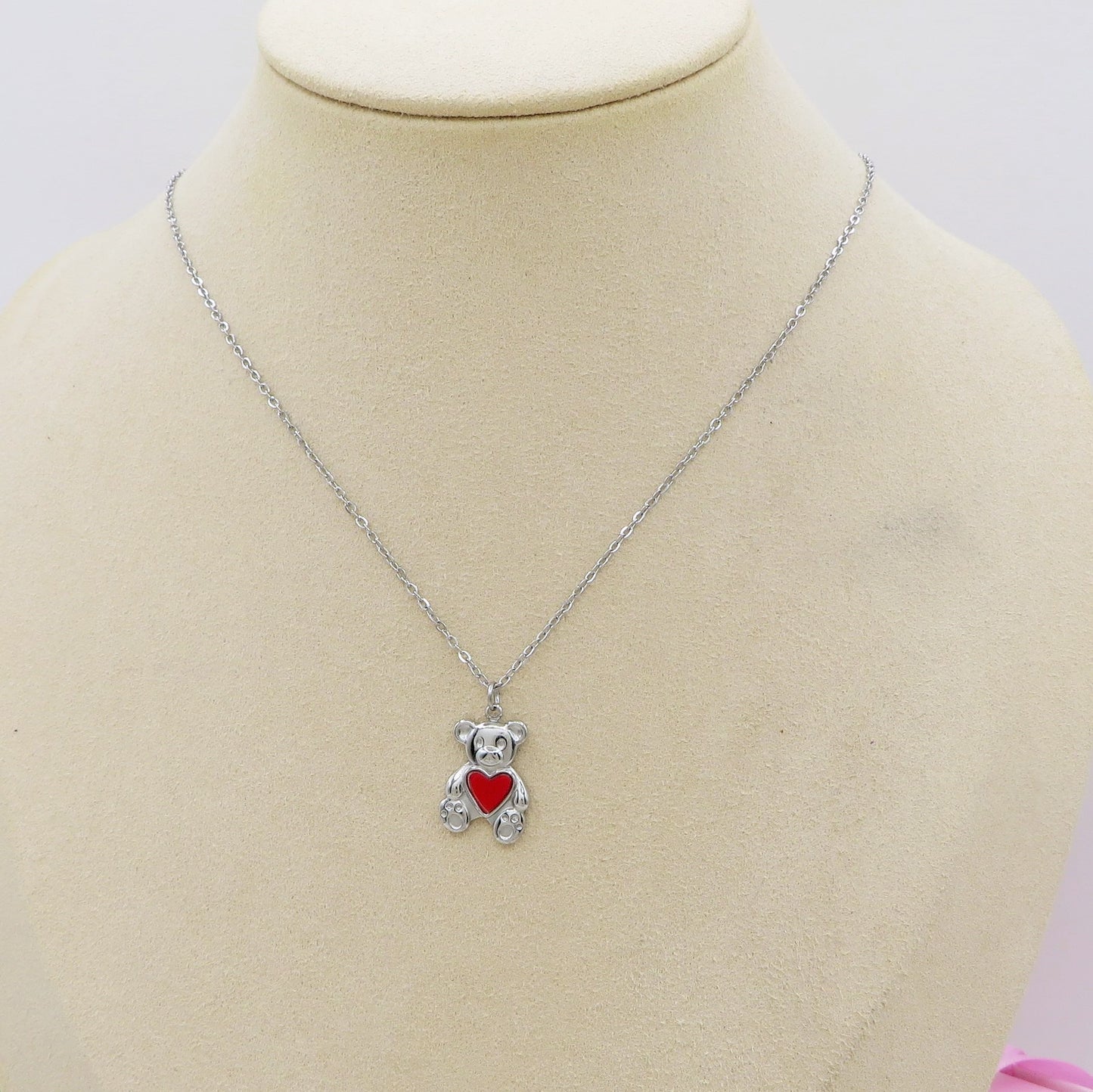 TEDDY HEART - ACCIAIO INOSSIDABILE- collana con Orsetto + cuore smaltato