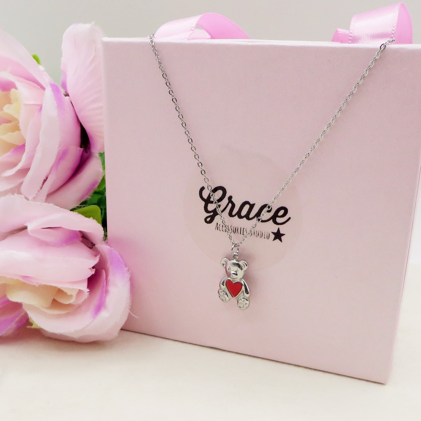 TEDDY HEART - ACCIAIO INOSSIDABILE- collana con Orsetto + cuore smaltato