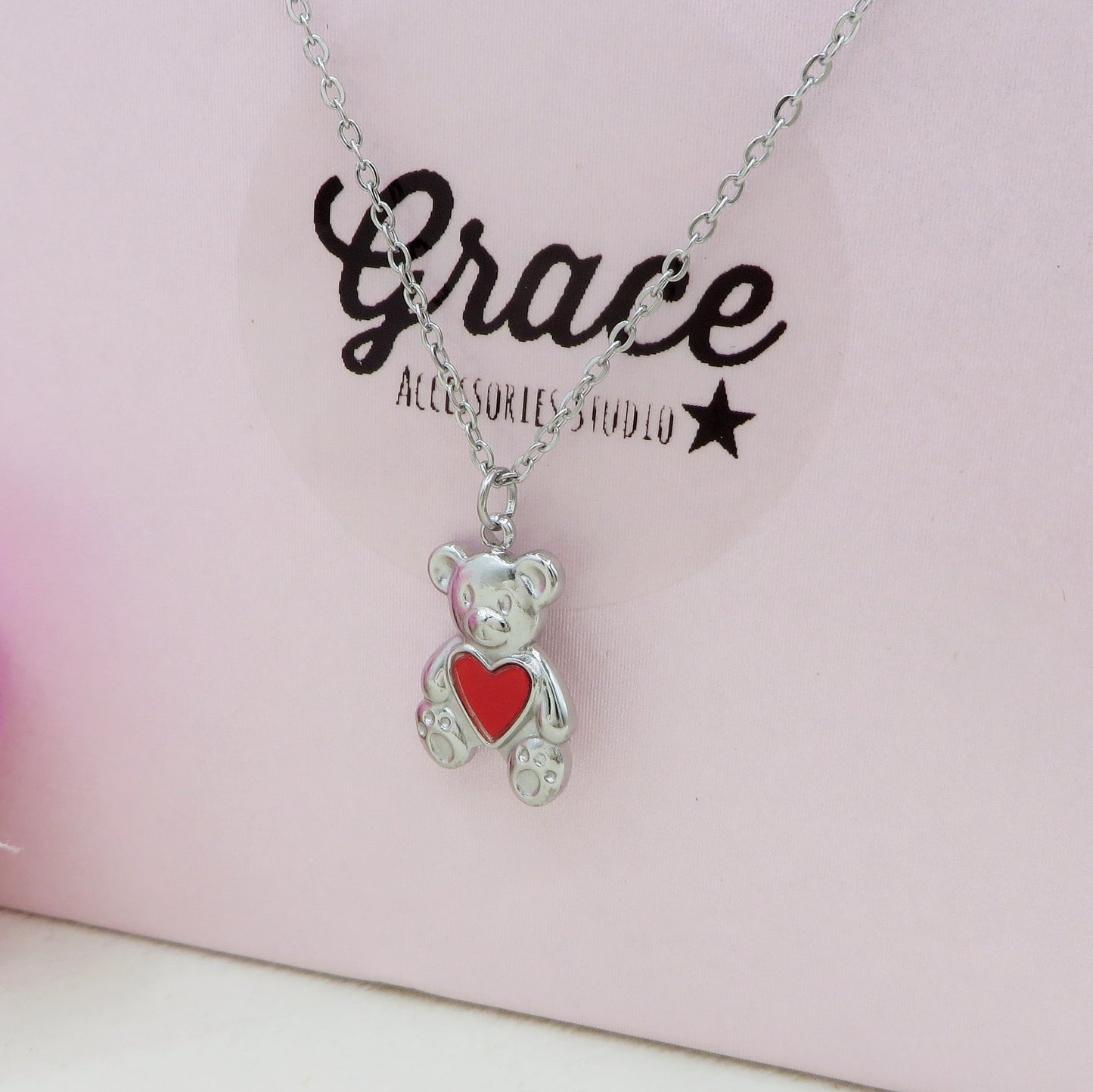 TEDDY HEART - ACCIAIO INOSSIDABILE- collana con Orsetto + cuore smaltato