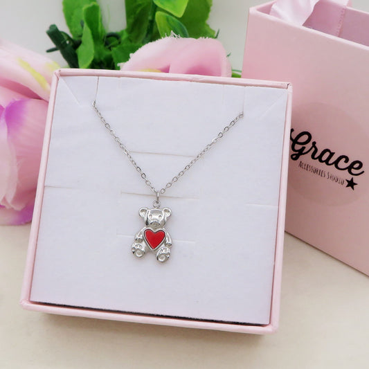 TEDDY HEART - ACCIAIO INOSSIDABILE- collana con Orsetto + cuore smaltato