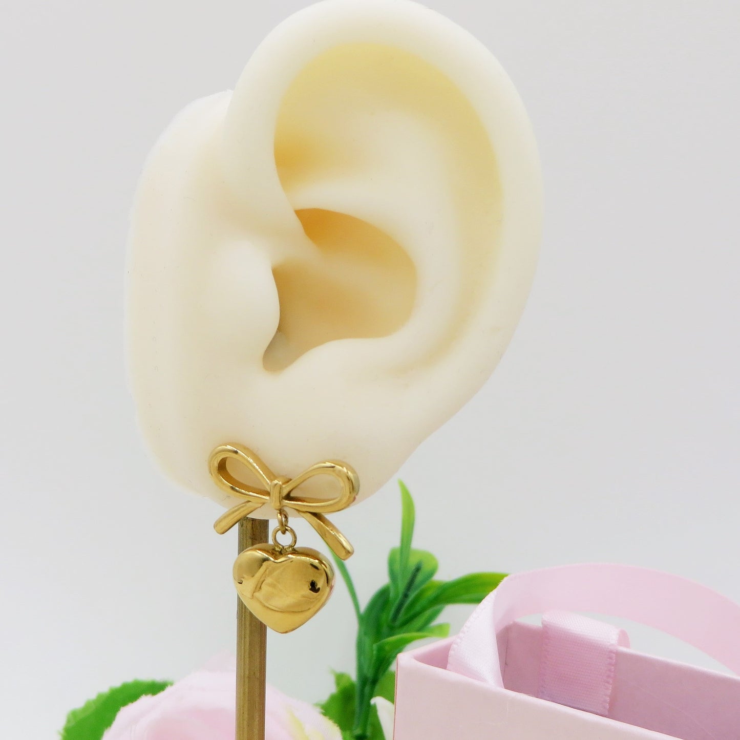 BOW LOVE 🎀 Mini Pendenti ~ paio orecchini ACCIAIO INOSSIDABILE cuore + fiocco bombè