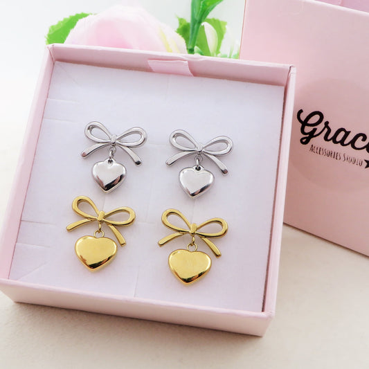 BOW LOVE 🎀 Mini Pendenti ~ paio orecchini ACCIAIO INOSSIDABILE cuore + fiocco bombè