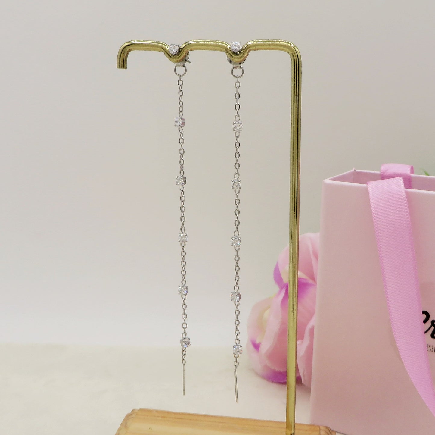 FAIRY 11CM ~ paio Orecchini ACCIAIO INOSSIDABILE pendenti zirconati stile saliscendi