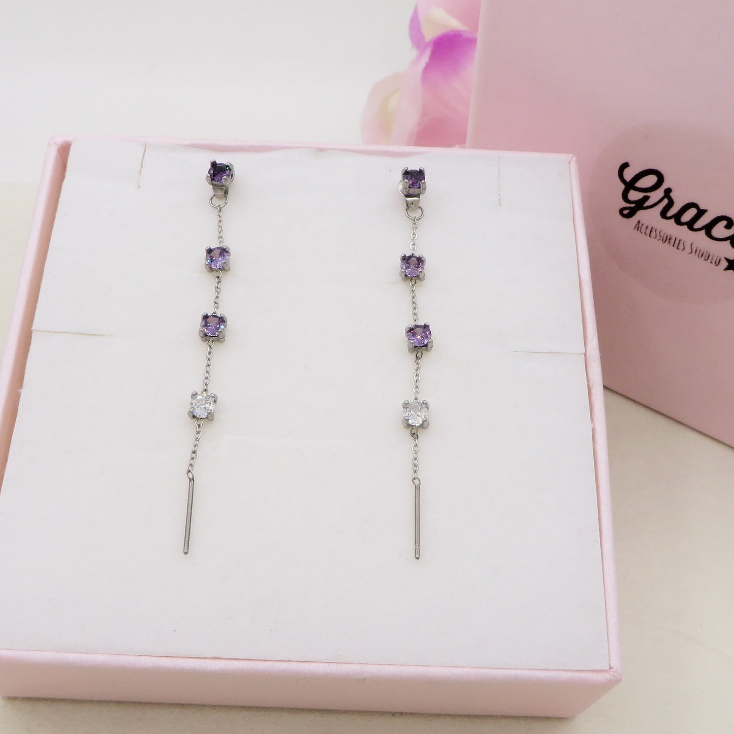 FAIRY ~ paio Orecchini ACCIAIO INOSSIDABILE pendenti zirconati stile saliscendi