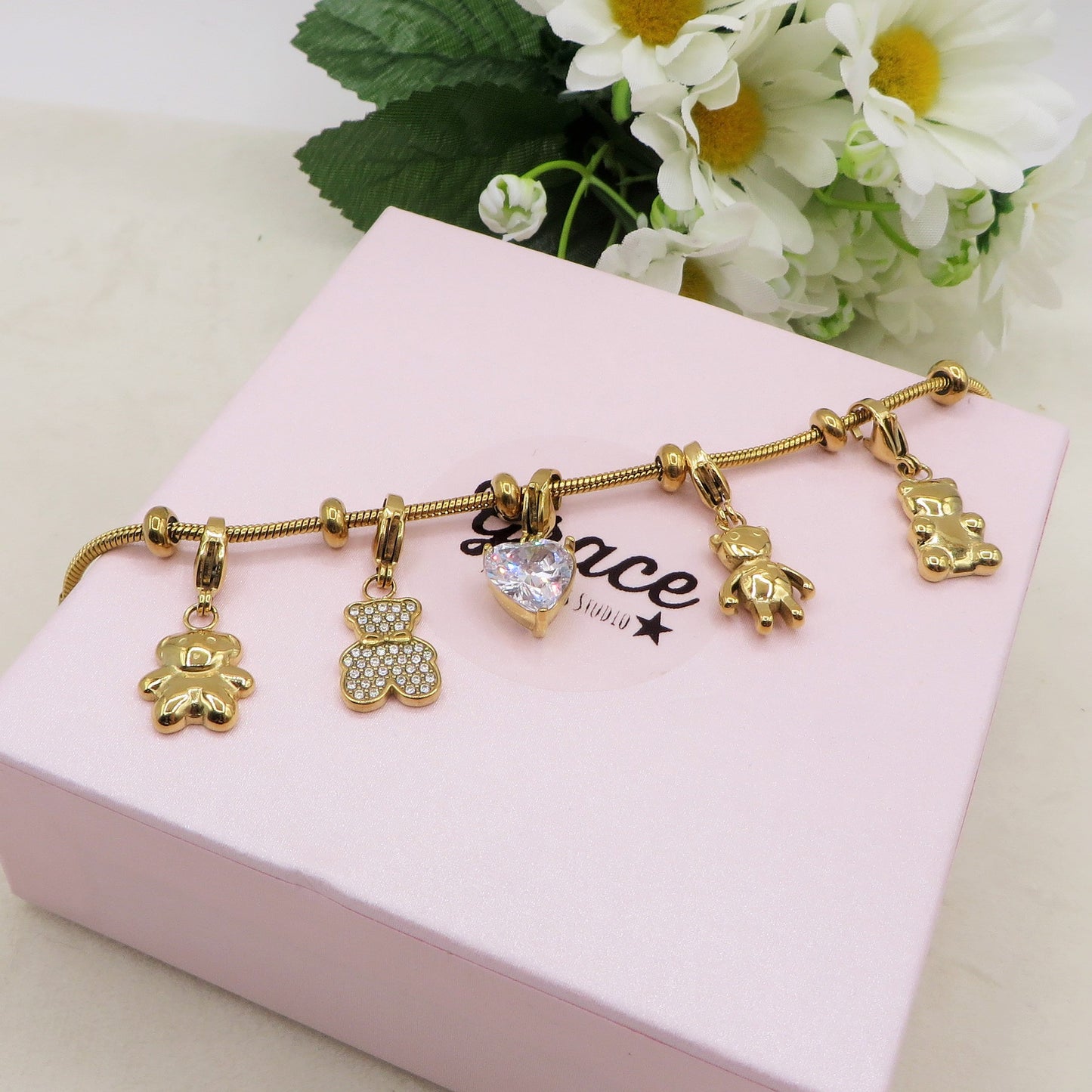 TEDDY - Bracciale con orsetti e cuori pendenti bombe' ACCIAIO INOSSIDABILE