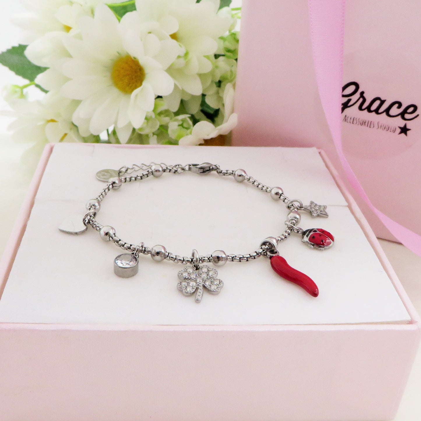 LUCKY LADYBUG - Bracciale con ciondoli scaramantici e coccinella ACCIAIO INOSSIDABILE