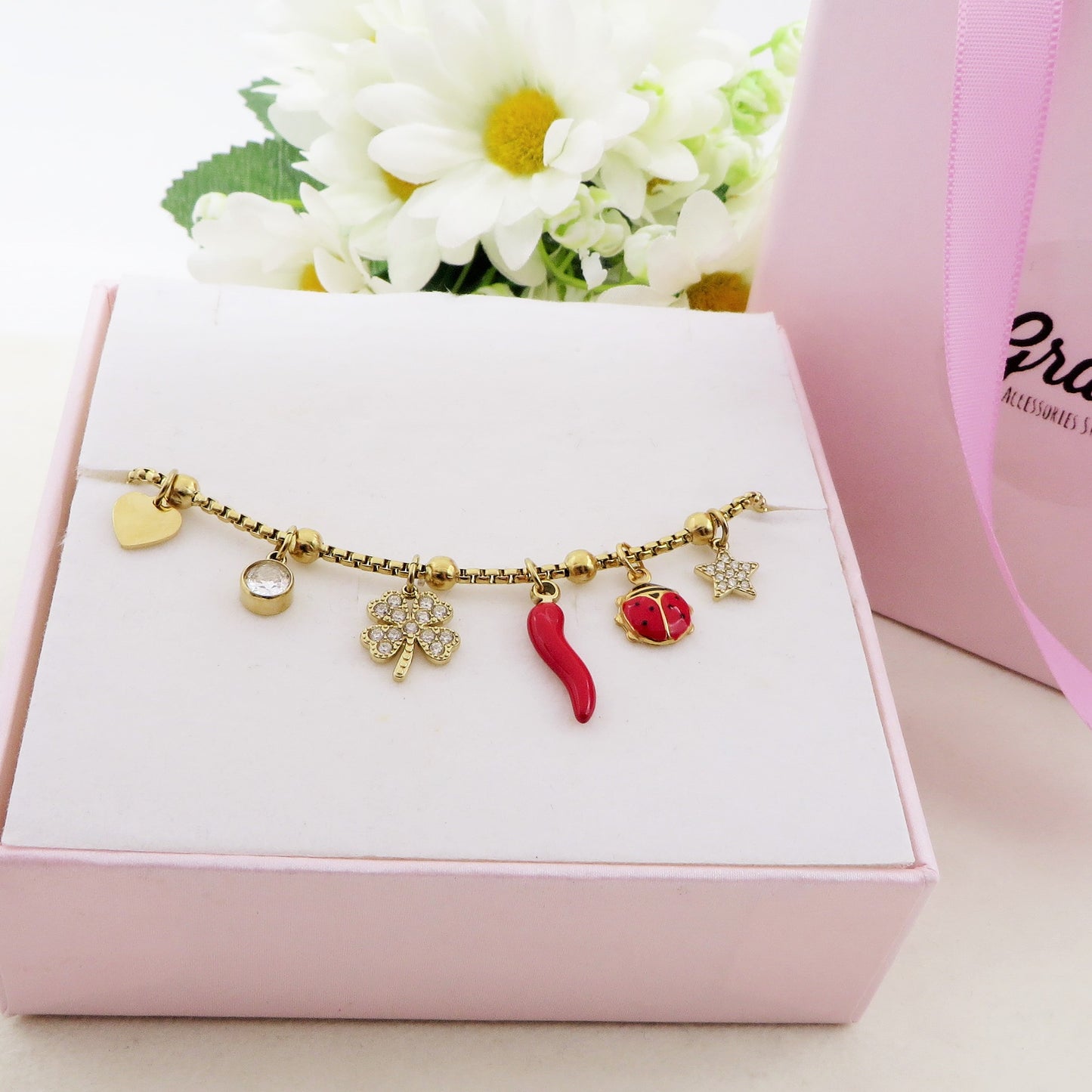 LUCKY LADYBUG - Bracciale con ciondoli scaramantici e coccinella ACCIAIO INOSSIDABILE