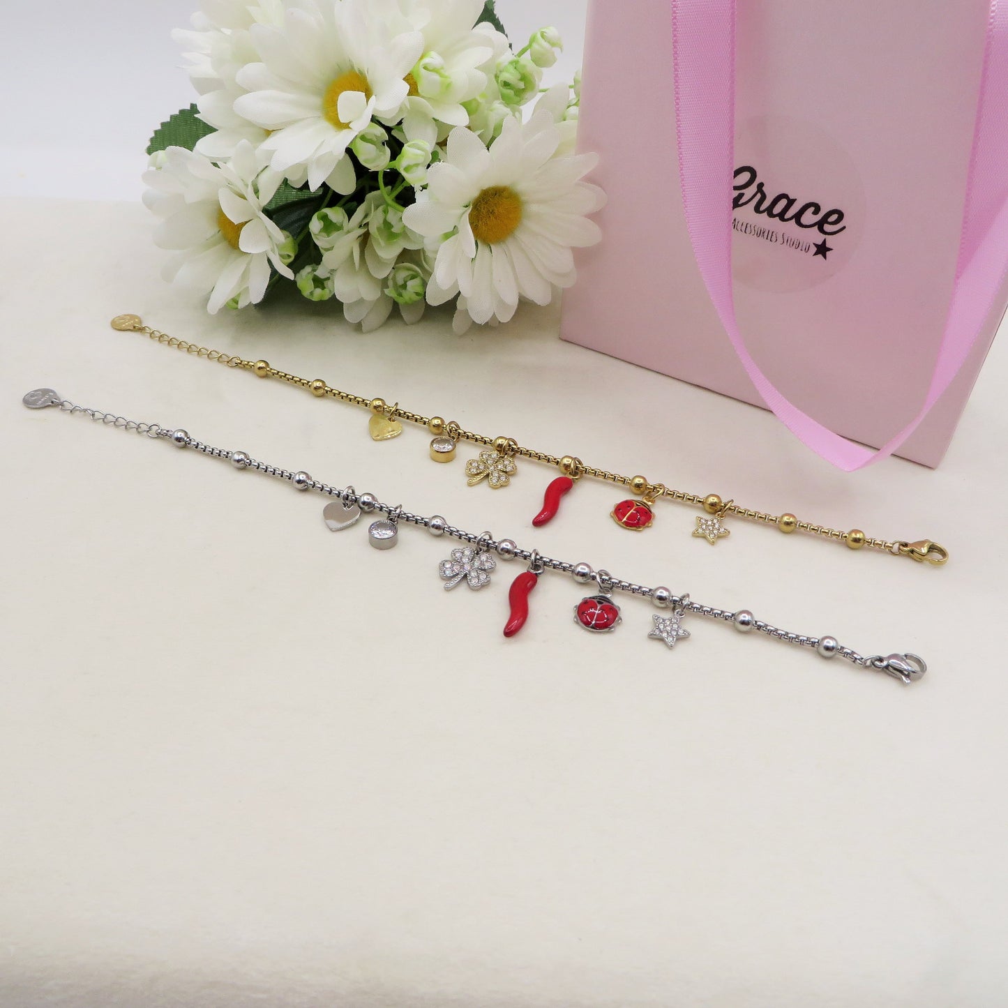 LUCKY LADYBUG - Bracciale con ciondoli scaramantici e coccinella ACCIAIO INOSSIDABILE