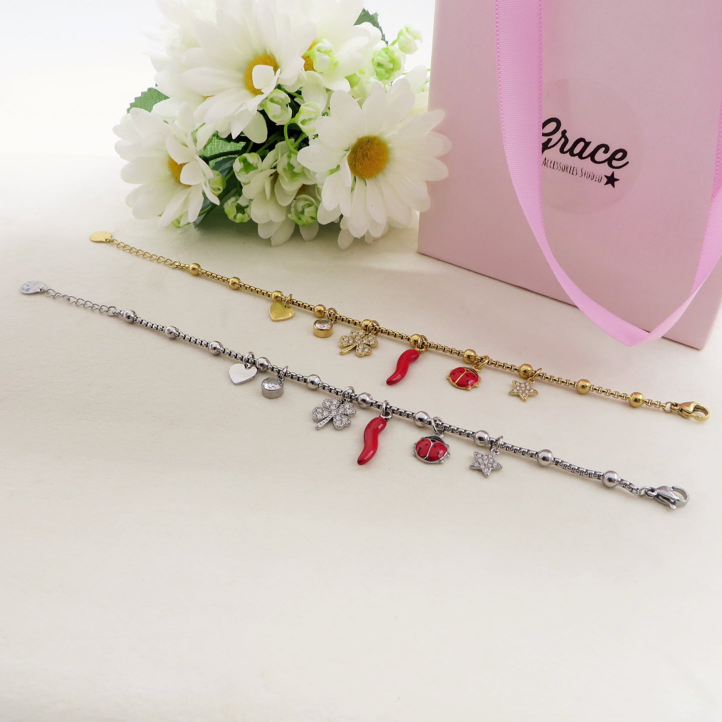 LUCKY LADYBUG - Bracciale con ciondoli scaramantici e coccinella ACCIAIO INOSSIDABILE
