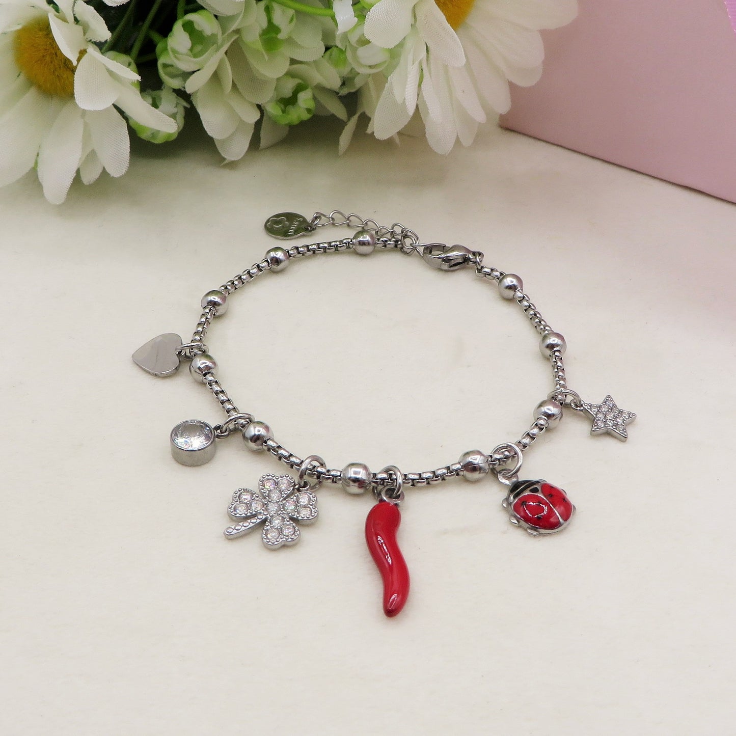 LUCKY LADYBUG - Bracciale con ciondoli scaramantici e coccinella ACCIAIO INOSSIDABILE