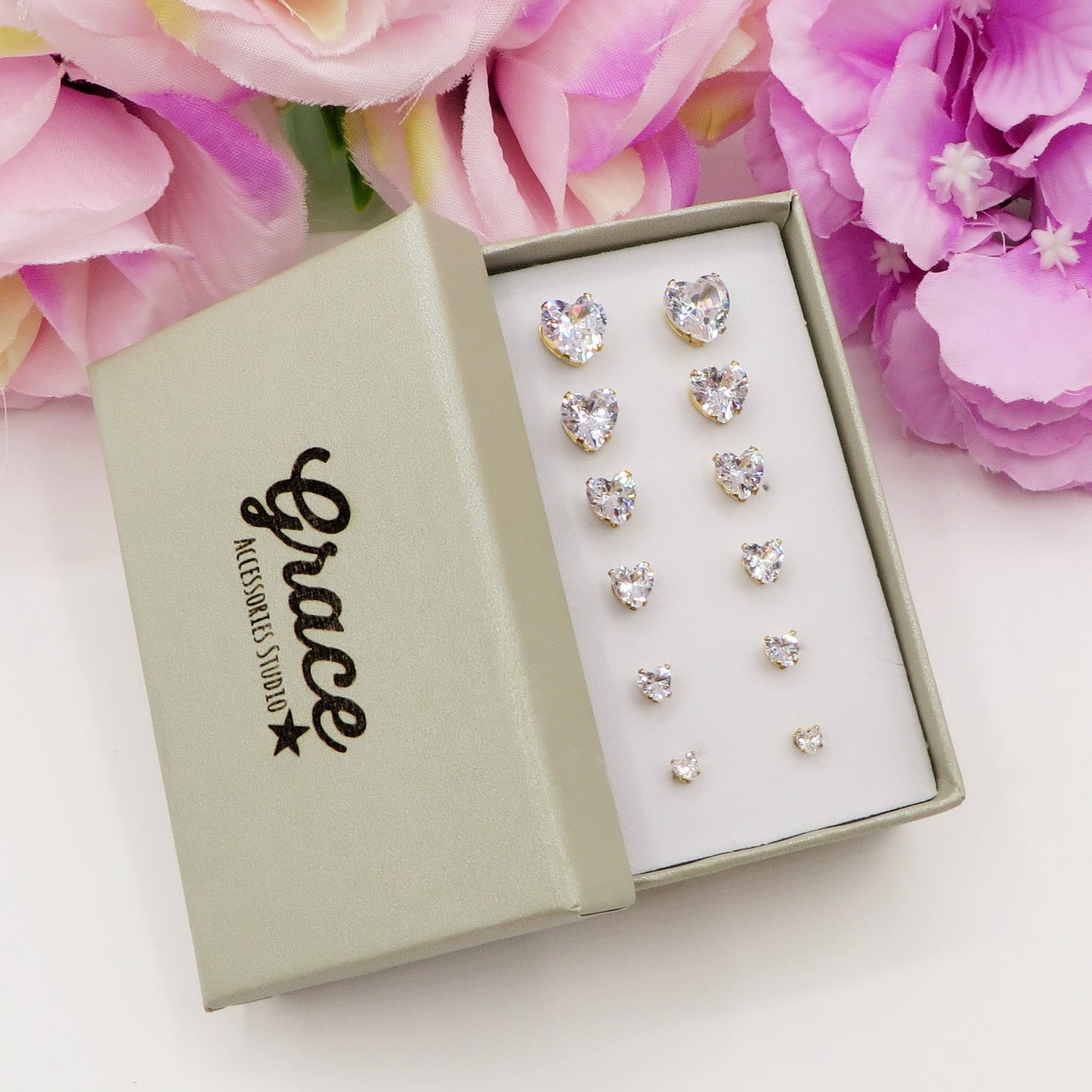 SET 6 PAIA~punti luce cuore acciaio inossidabile ~ 12 PZ ~ Orecchini a lobo con zirconi