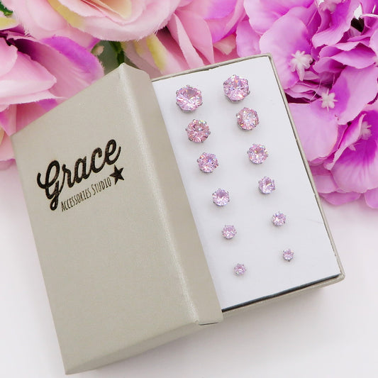 SET 6 PAIA~punti luce acciaio inossidabile ~ 12 PZ ~ 8 varianti colore ~ Orecchini a lobo con zirconi