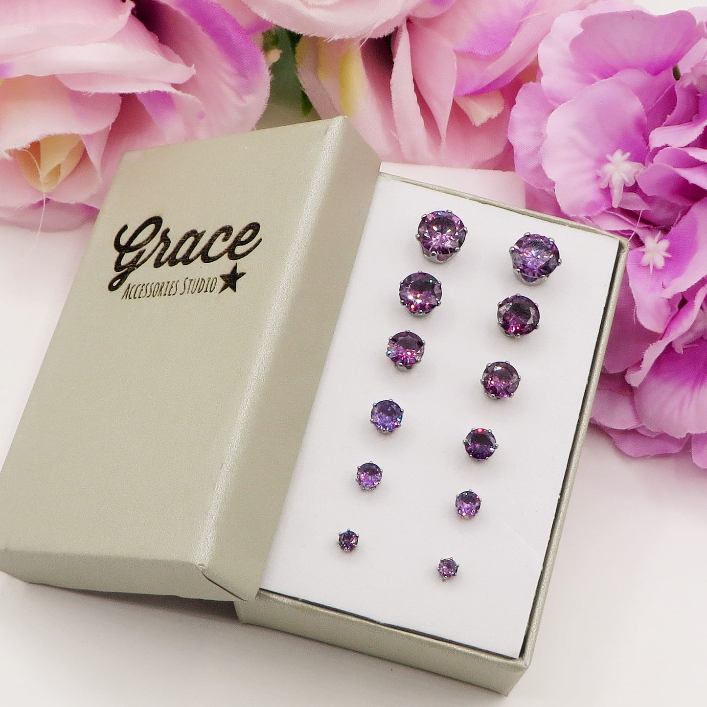SET 6 PAIA~punti luce acciaio inossidabile ~ 12 PZ ~ 8 varianti colore ~ Orecchini a lobo con zirconi