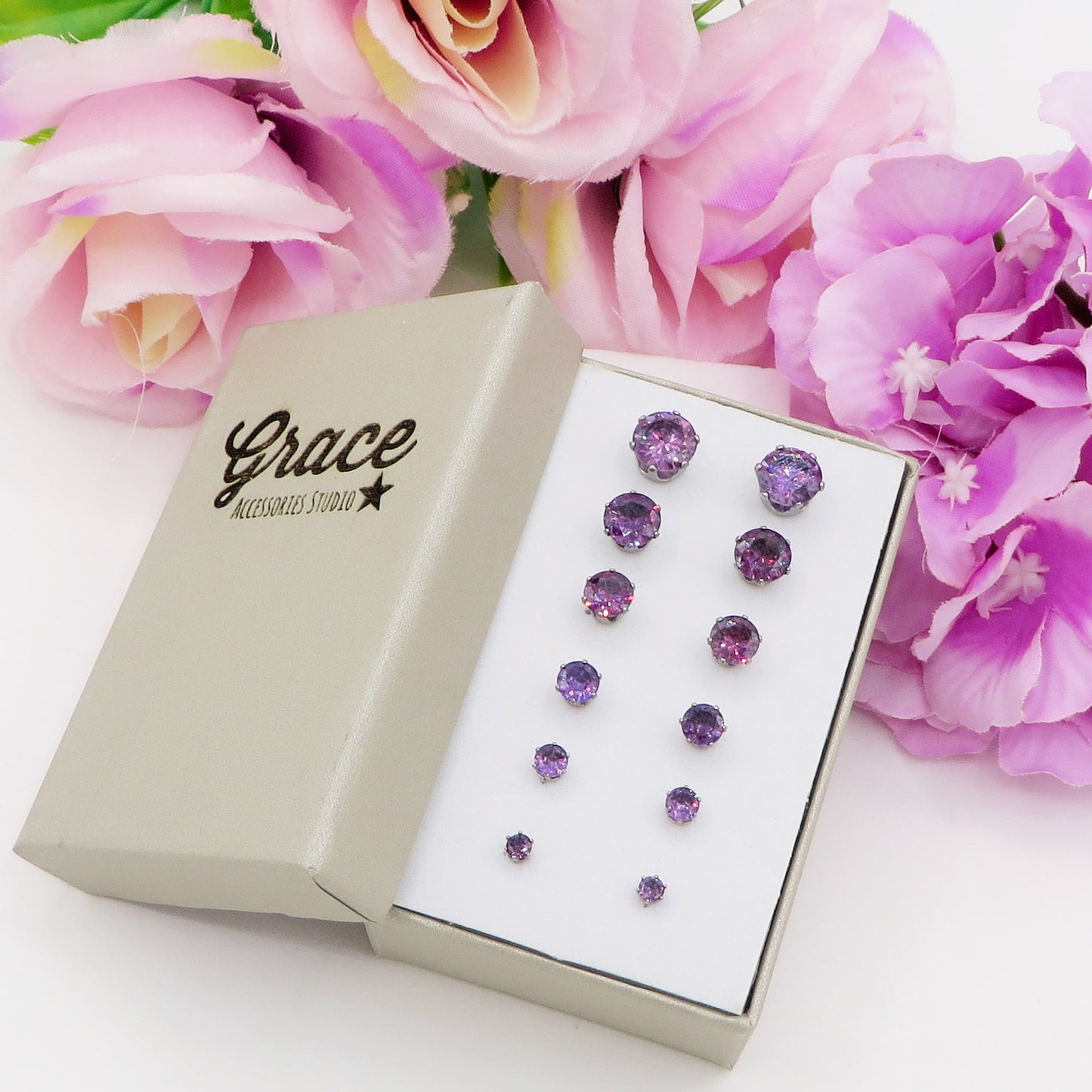 SET 6 PAIA~punti luce acciaio inossidabile ~ 12 PZ ~ 8 varianti colore ~ Orecchini a lobo con zirconi