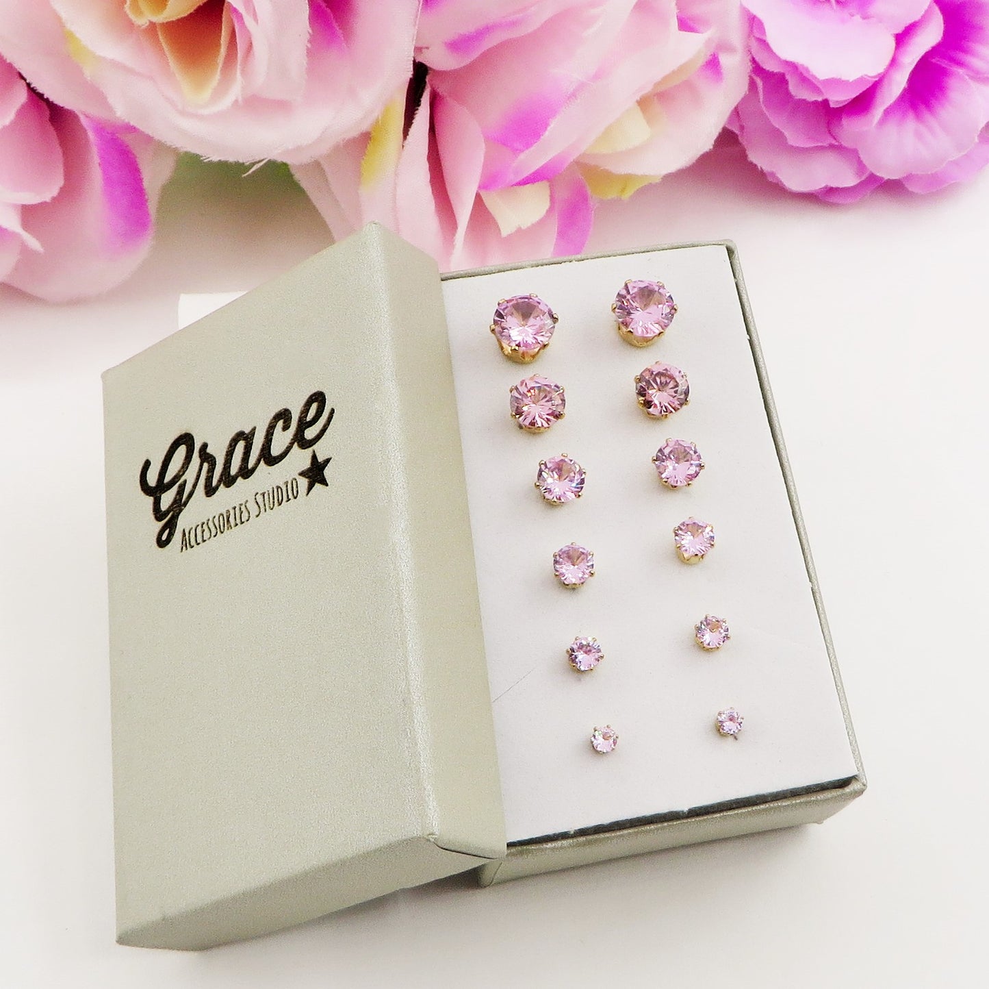 SET 6 PAIA~punti luce acciaio inossidabile ~ 12 PZ ~ 8 varianti colore ~ Orecchini a lobo con zirconi