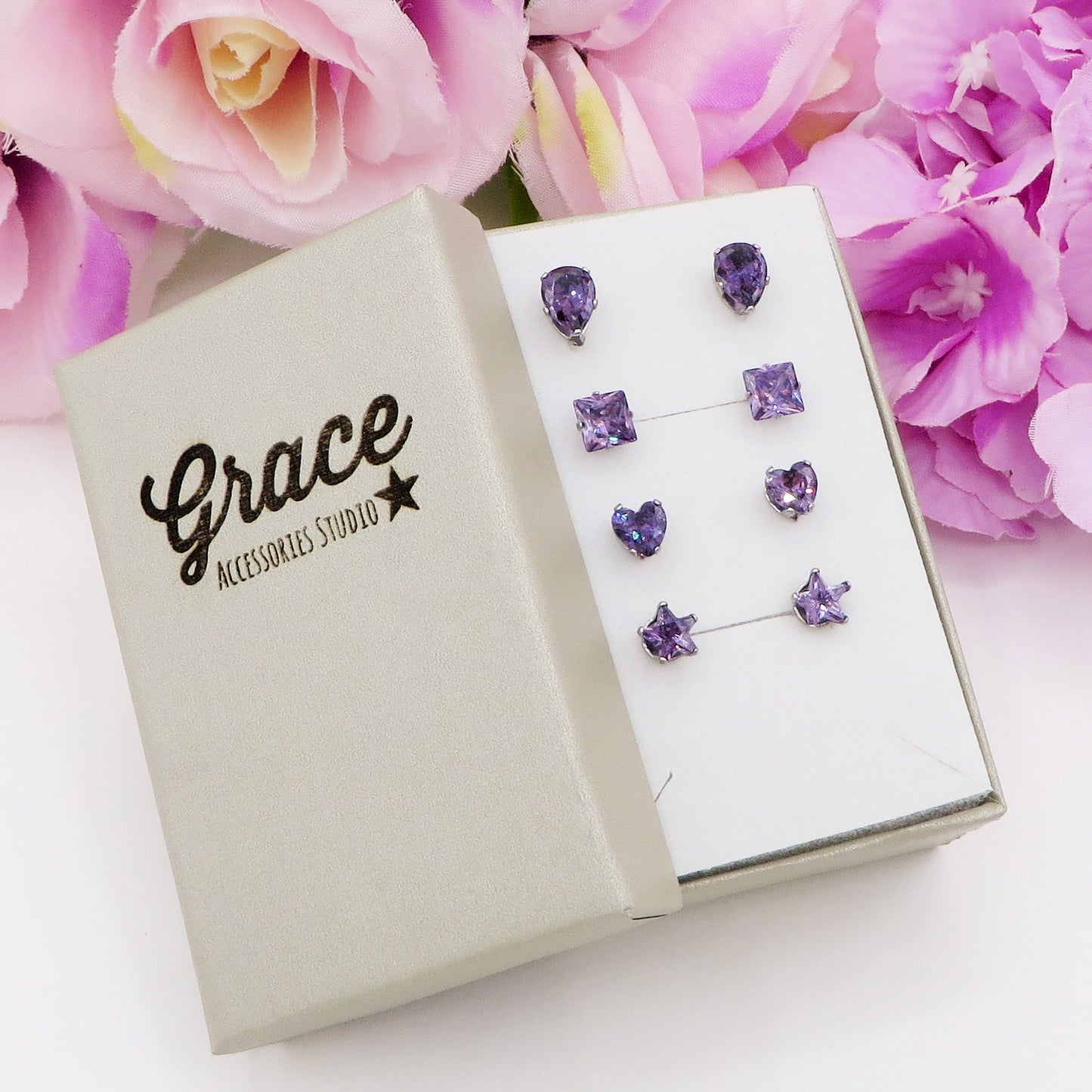 SET 4 PAIA PUNTI LUCE SHINE colours ~ 4 forme punti luce acciaio inossidabile ~ 8 PZ ~ 12 varianti colore ~ Orecchini a lobo con zirconi