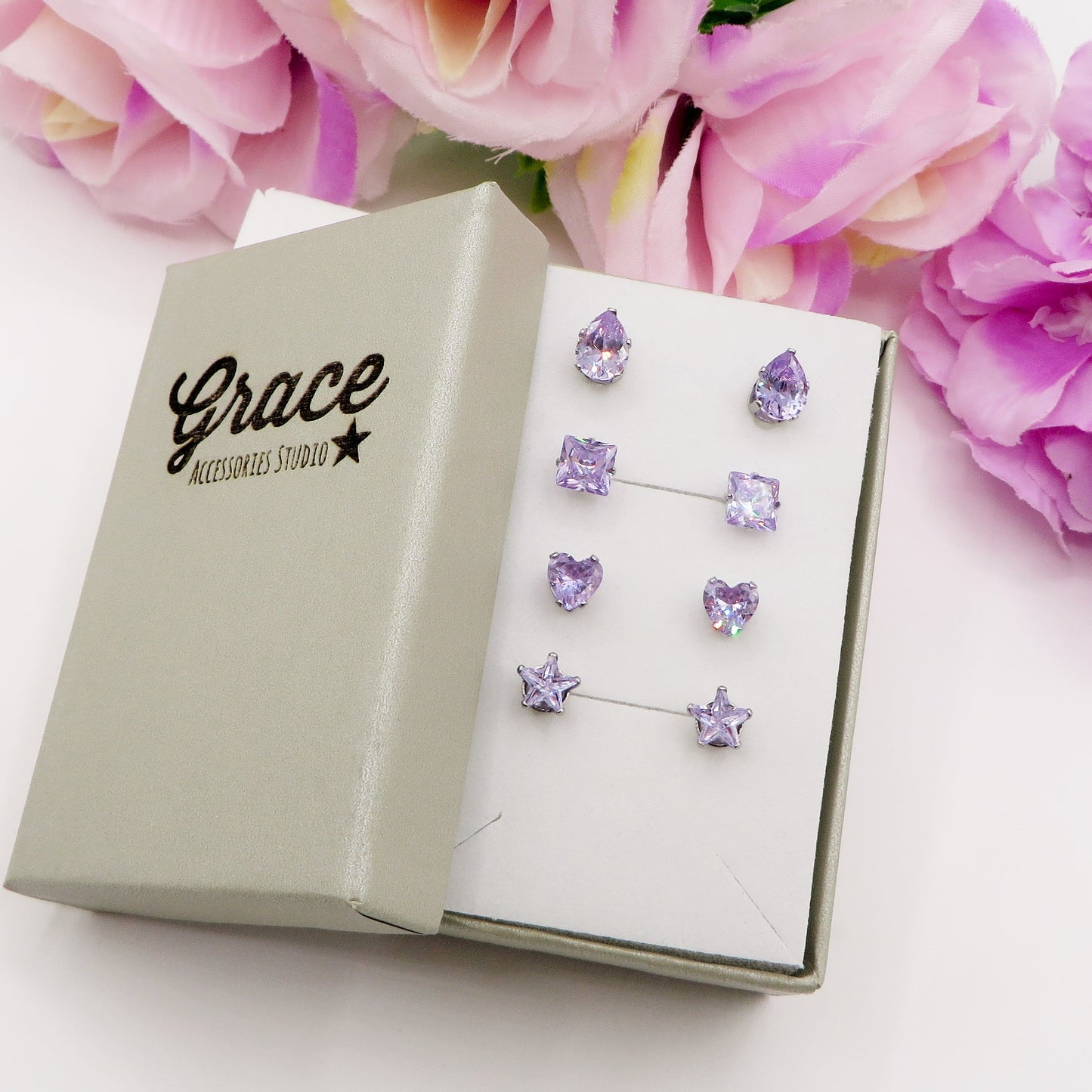 SET 4 PAIA PUNTI LUCE SHINE colours ~ 4 forme punti luce acciaio inossidabile ~ 8 PZ ~ 12 varianti colore ~ Orecchini a lobo con zirconi