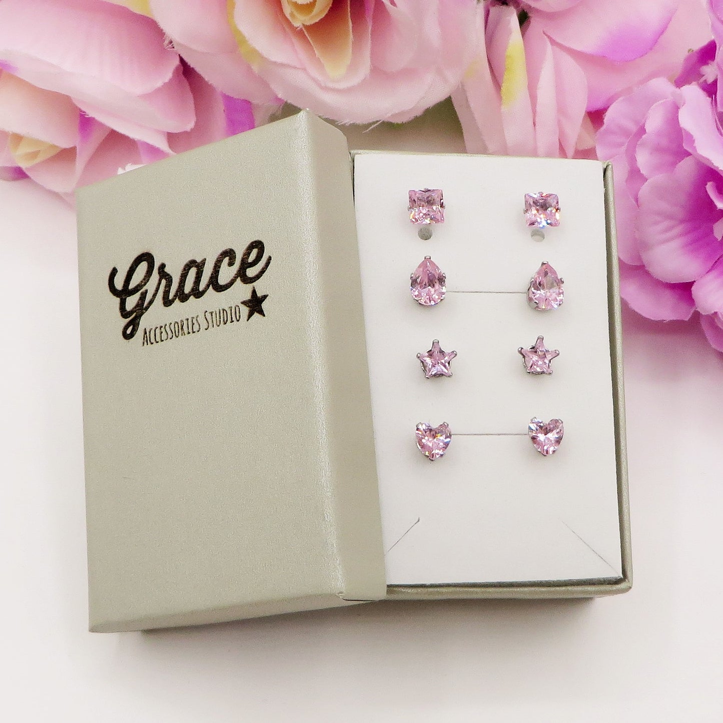 SET 4 PAIA PUNTI LUCE SHINE colours ~ 4 forme punti luce acciaio inossidabile ~ 8 PZ ~ 12 varianti colore ~ Orecchini a lobo con zirconi