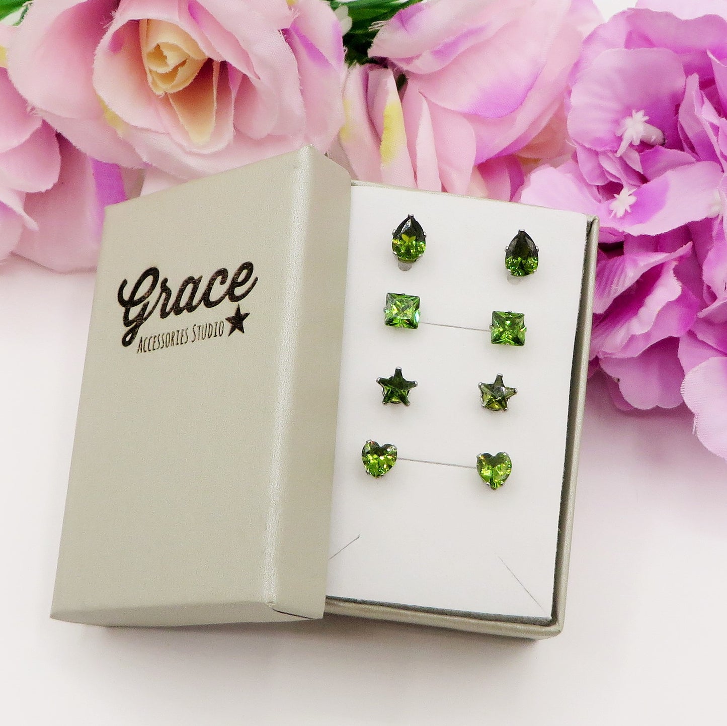 SET 4 PAIA PUNTI LUCE SHINE colours ~ 4 forme punti luce acciaio inossidabile ~ 8 PZ ~ 12 varianti colore ~ Orecchini a lobo con zirconi