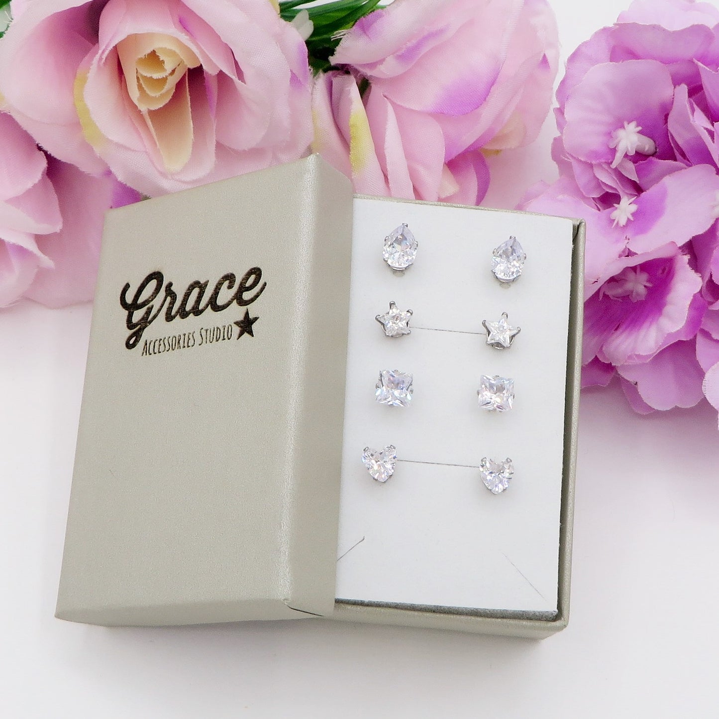 SET 4 PAIA PUNTI LUCE SHINE colours ~ 4 forme punti luce acciaio inossidabile ~ 8 PZ ~ 12 varianti colore ~ Orecchini a lobo con zirconi