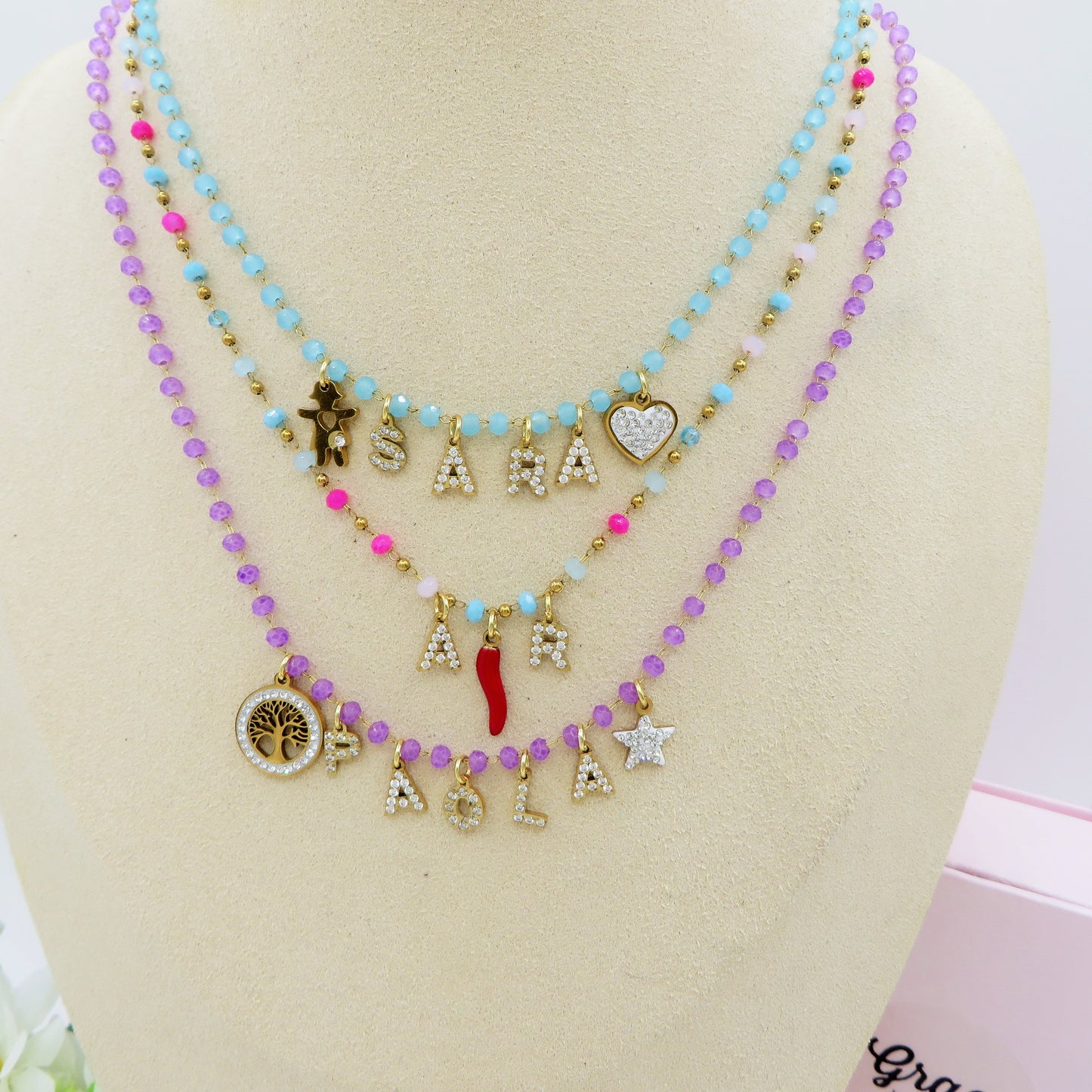 ROSARY NAME - Collana perle cristallo a rosario Con Nome personalizzabile in Acciaio Inox