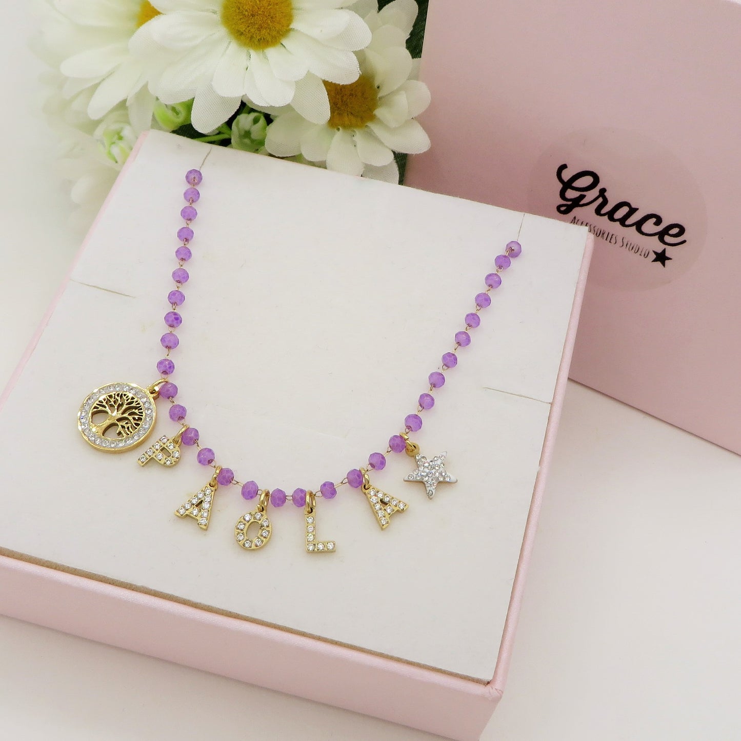 ROSARY NAME - Collana perle cristallo a rosario Con Nome personalizzabile in Acciaio Inox