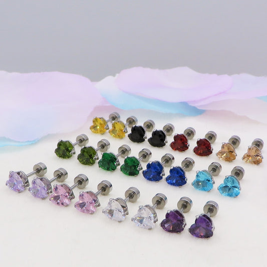 HEART PIERCING 1 paio PUNTI a cuore colours ~ ACCIAIO INOSSIDABILE chirurgico 316L ~ 2 PZ ~ 12 varianti colore ~ Orecchini piercing a lobo con zirconi per Helix, Trago, Flat e Lobo
